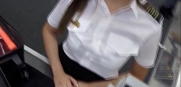  Uniformed slut pawns pussy in the toilet